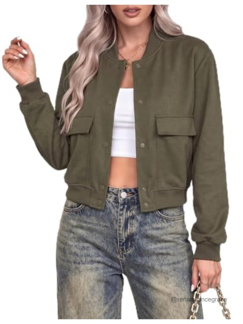 Women Bomber Jacket Button Down Varsity Casual Shacket